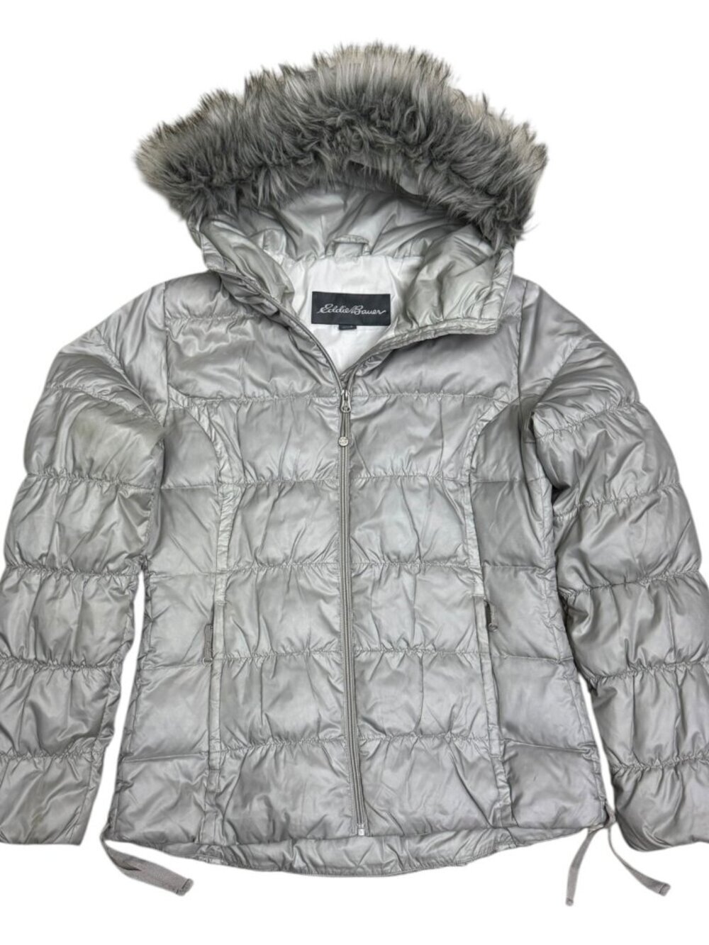 EDDIE BAUER Goose Down Silver Faux Fur Winter Puffer Parka Coat Jacket Womens S